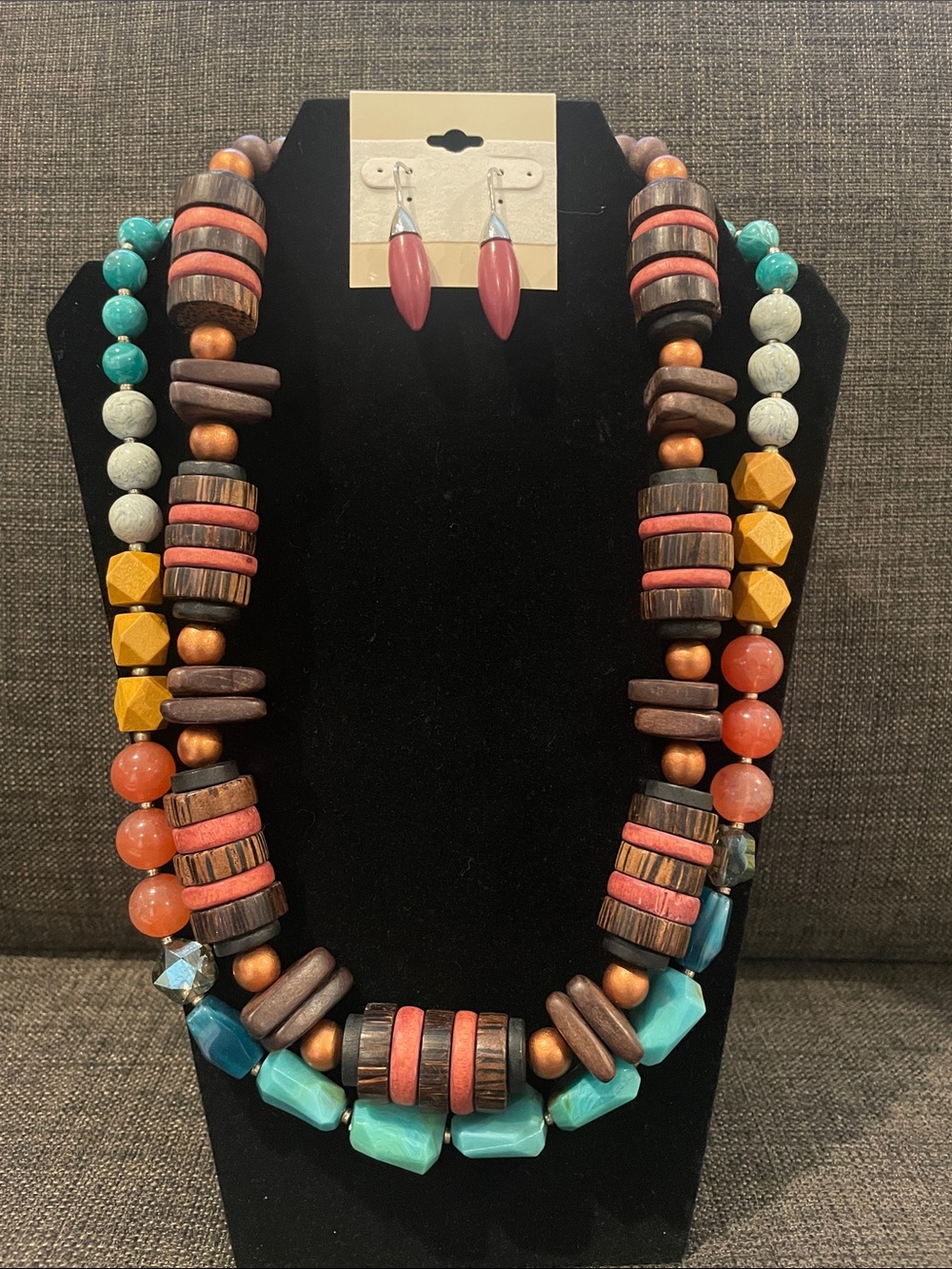 Two Bold Multi-Color Wood & Bead Statement Necklace w/ Dusty Pink Drop Earrings